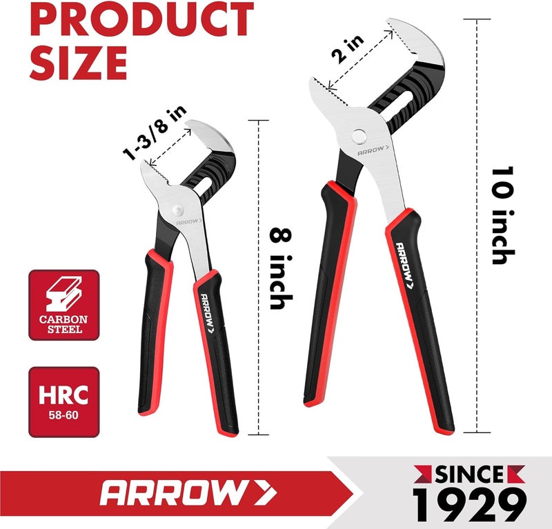 Arrow Fastener ARROW 2-Piece Groove Joint Pliers, 8" & 10" Adjustable Water Pump Pliers with TPR Handle, High Carbon Steel Tongue and Groove Plier for Plumbing, Automotive and Household Repairs - Image 3